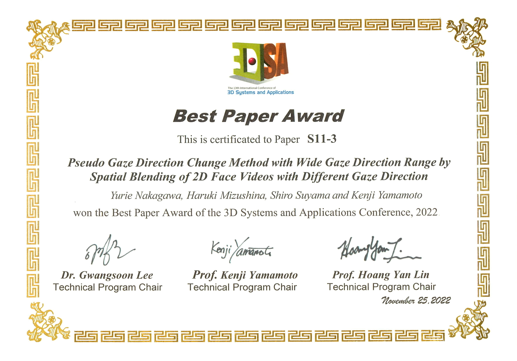 中川 友莉恵さん(＠大学院創成科学研究科理工学専攻修士課程光システムコース)が3DSA2022 Best Paper Awardを受賞しました。